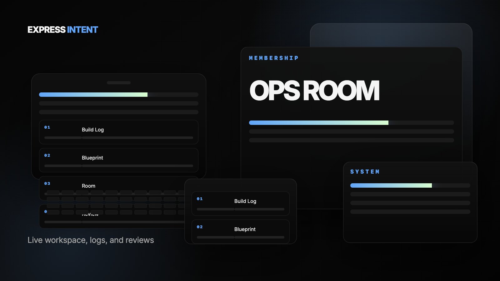 Dark Agent Ops workspace with build logs, blueprints, room updates, and reviews