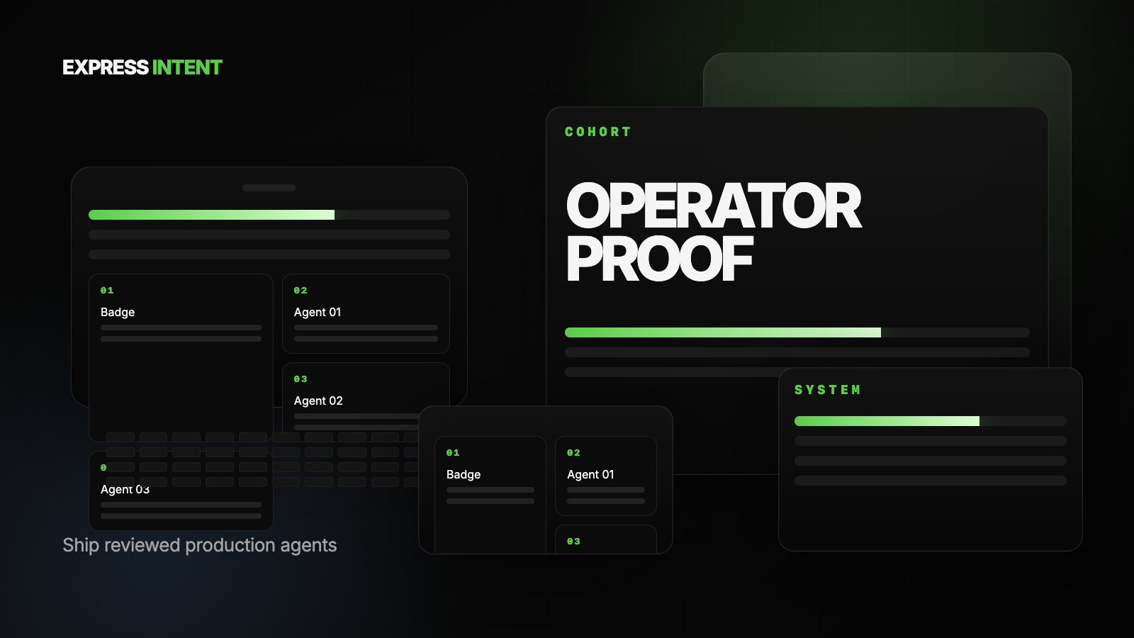 Dark Operator proof-of-work dashboard with badge, shipped agents, and timeline