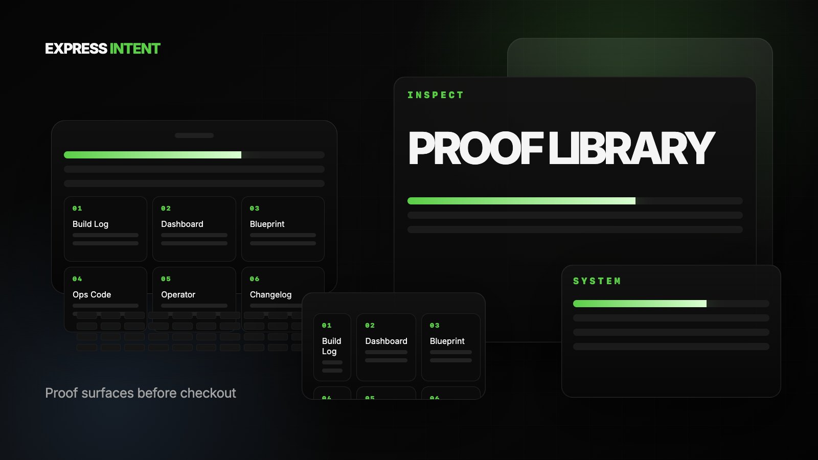 Dark proof library dashboard with build log, dashboard, blueprint, ops code, operator proof, and changelog cards