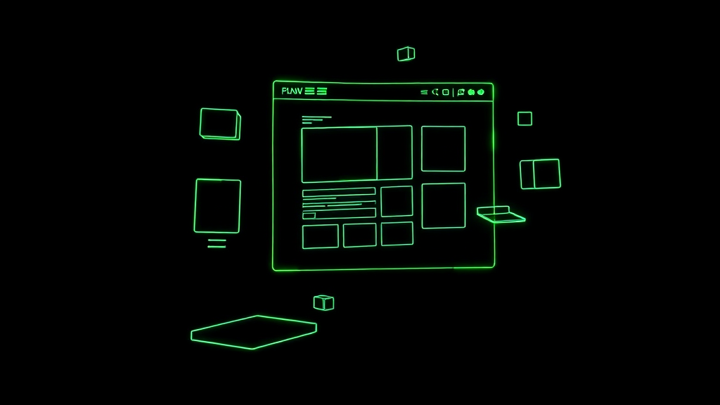 Green wireframe of a web page assembling itself from floating components