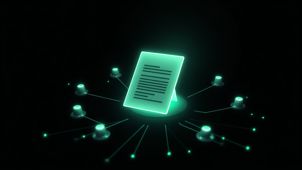 Glowing instruction document directing a ring of green AI agent nodes