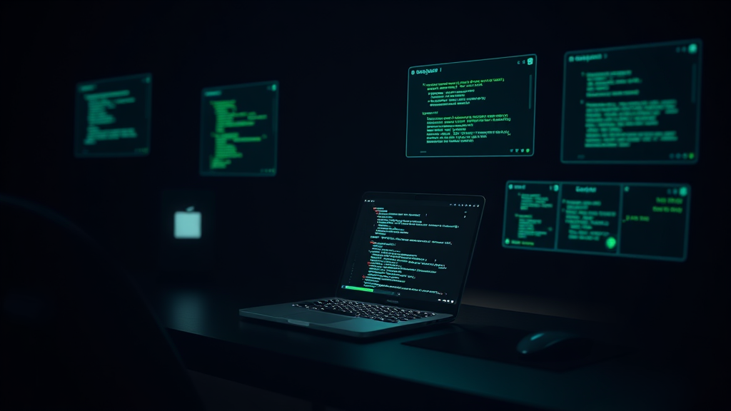 Dark developer workspace with a laptop and floating green code panels