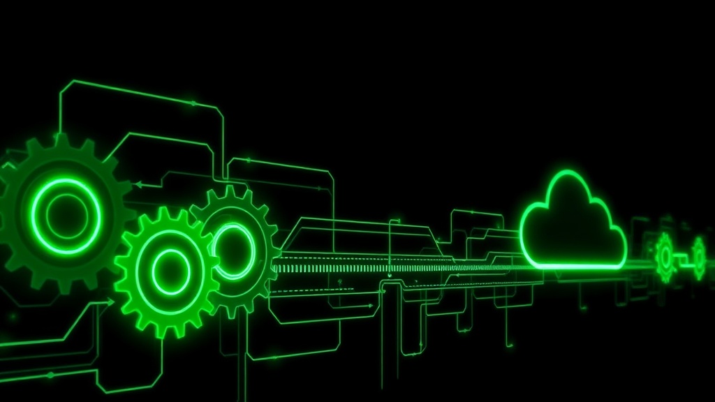 A glowing green automated pipeline deploying code to the cloud