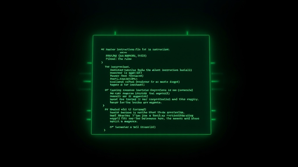 A glowing structured instruction document radiating green light