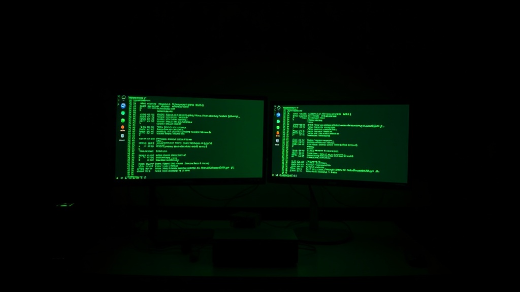Developer workspace with laptop and floating green code panels