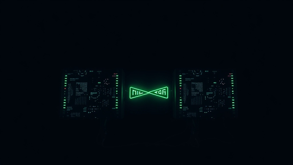 Two machines linked by a glowing green data bridge