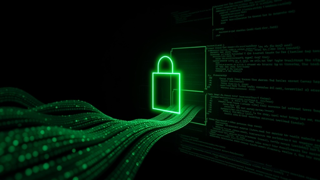 A glowing green protective shield around a stream of code