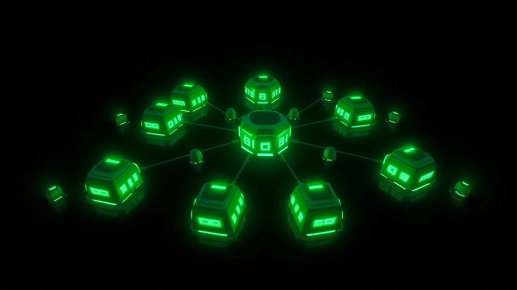 A ring of glowing green AI agent nodes coordinating around a hub