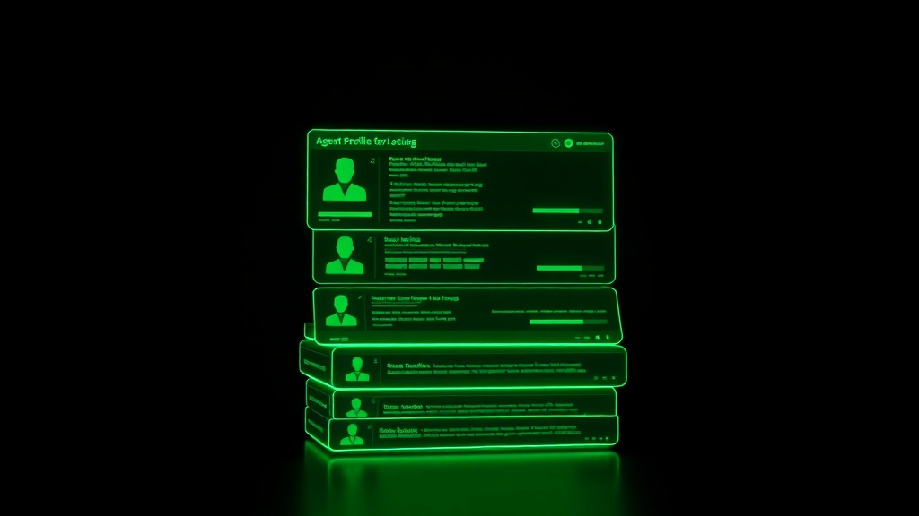 Several glowing green configuration profile panels stacked and switchable