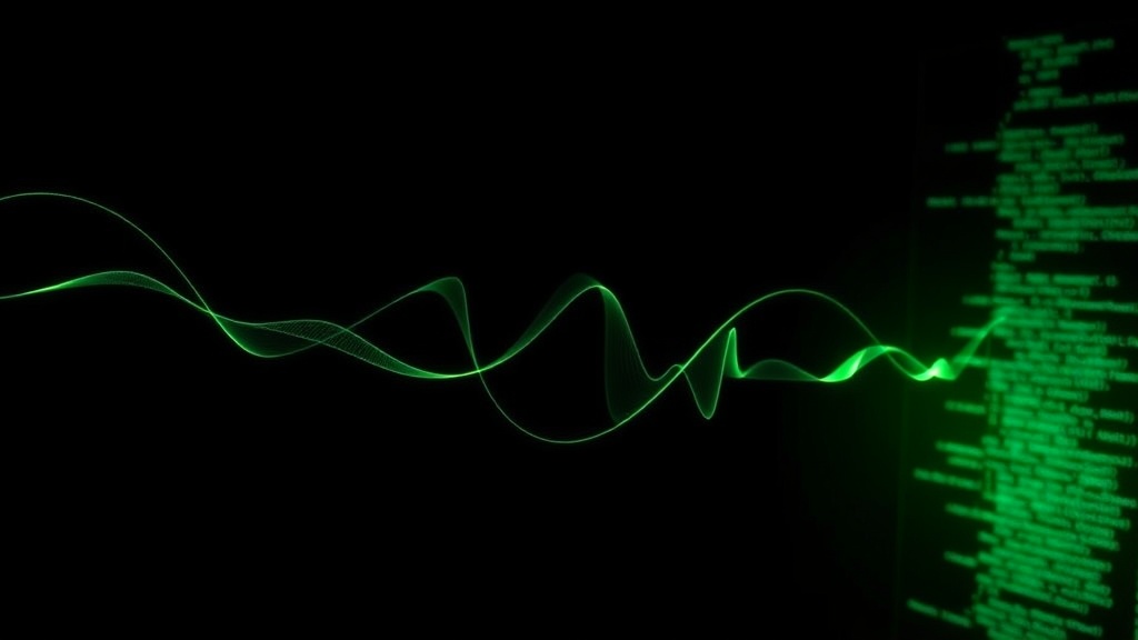 Glowing green sound waves transforming into lines of code